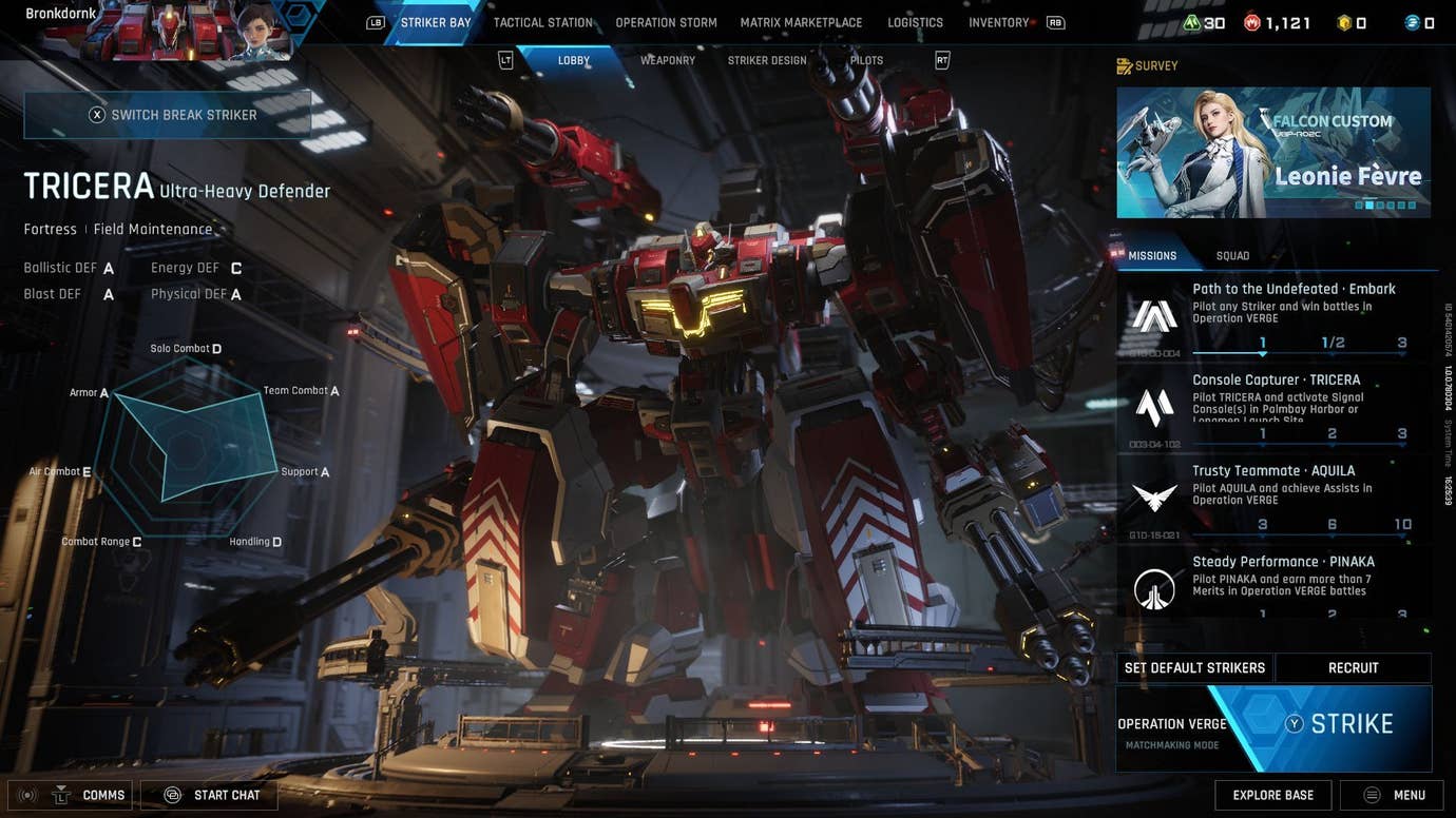 The menu screen shows the player's mech in the hangar.